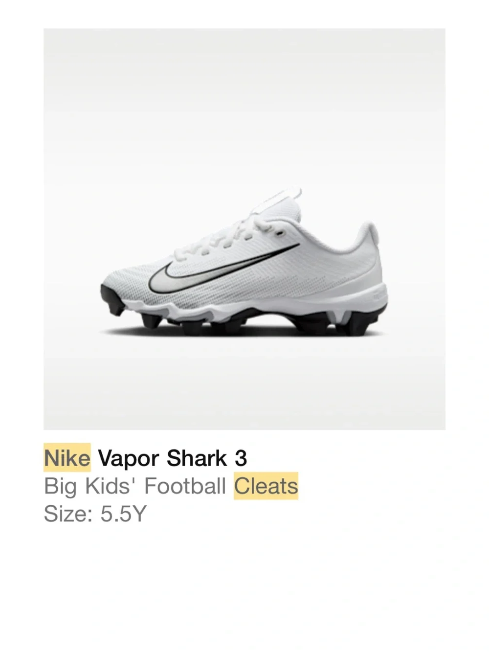 Nike vapor shark 3 White and Black Low-Top Football Cleats